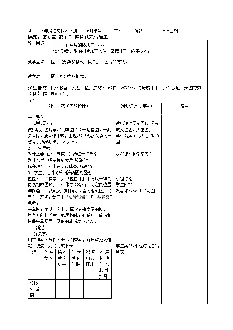 苏科版(2018)七年级全册信息技术 6.1.4图片分类及格式 教案01