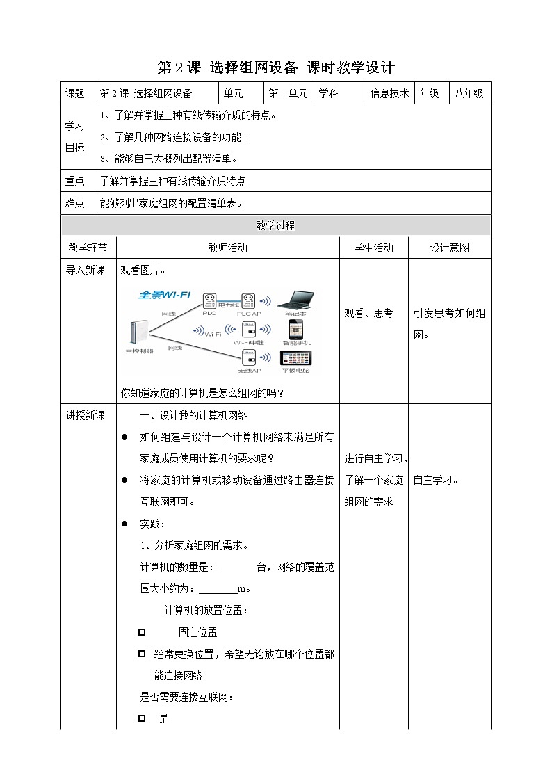 粤高教版(2018)八上信息技术2.2 选择组网设备教案01