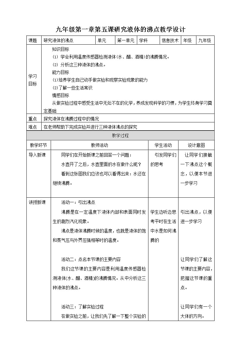 粤高教版(2018)九上信息技术1.5 研究液体的沸点教案第1页