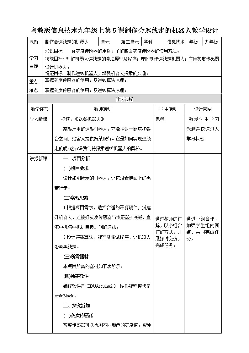 粤高教版(2018)九上信息技术2.5 制作会巡线走的机器人教案01