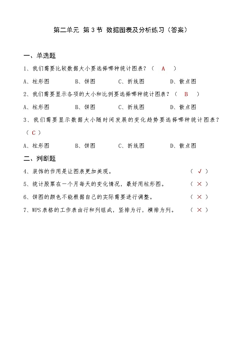 2022年川教版 (2019)信息技术七年级(上)册:第二单元 第3节 数据图表及分析(练习 答案)第1页