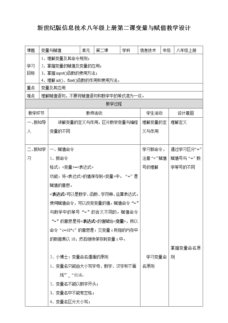 新世纪信息技术八上 第二课 变量与赋值 课件PPT+教案01