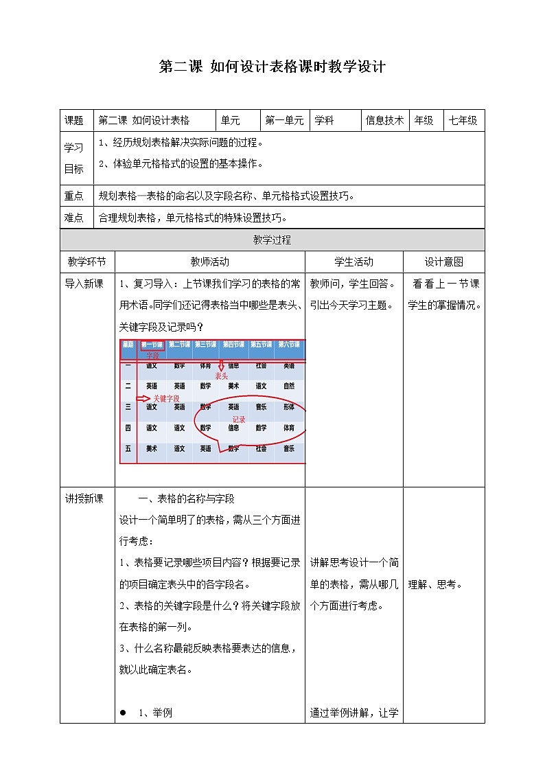 新世纪版信息技术七下 1.2 如何设计表格 教案第1页