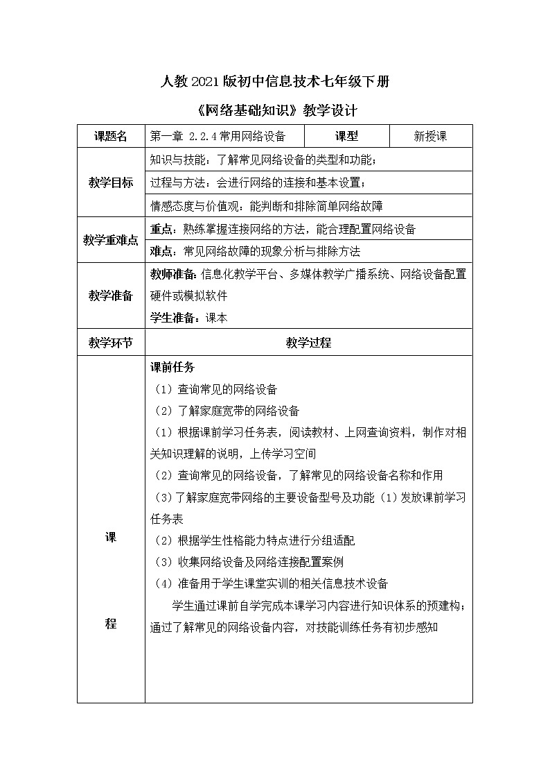 人教2021版(内蒙)1.2.4 《常见网络设备》教案第1页