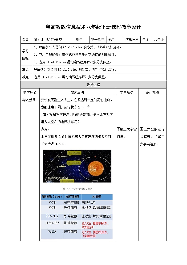 粤高教版八年级下册信息技术第1单元第5课 我的飞天梦 教案01