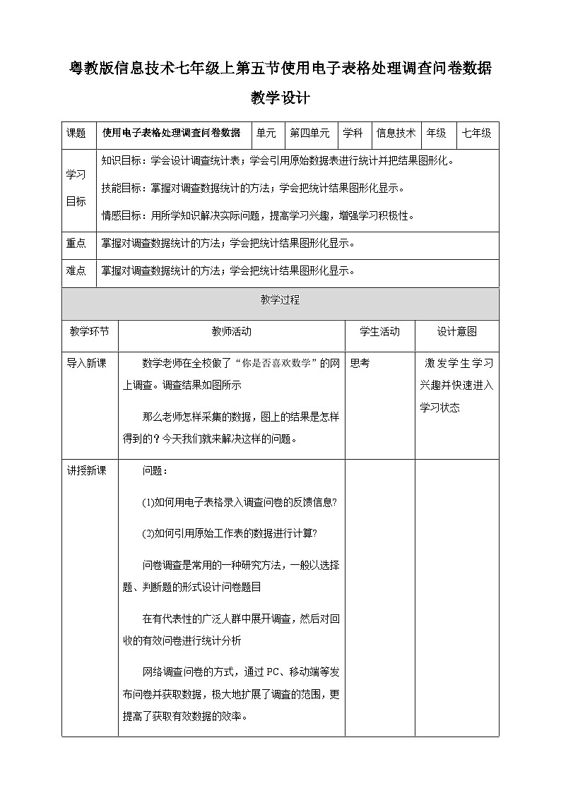 粤高教版(B版)信息技术七年级上册 4.5《使用电子表格处理调查问卷数据》教案第1页
