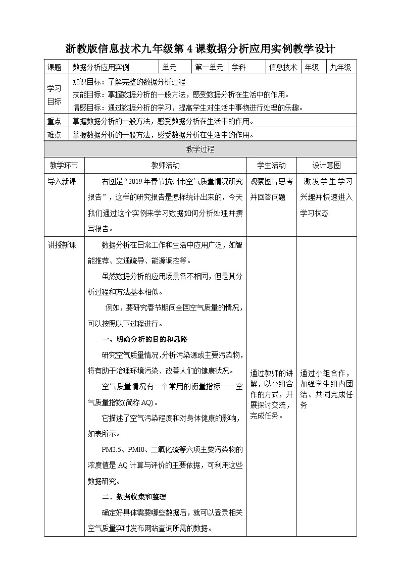 九年级全册信息技术浙教版 第一单元 第4课 数据分析应用实例 课件+教案01