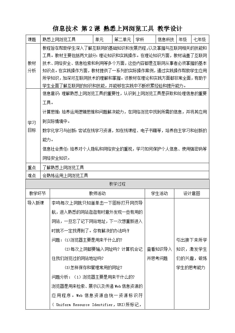 2.2熟悉上网浏览工具 教案第1页