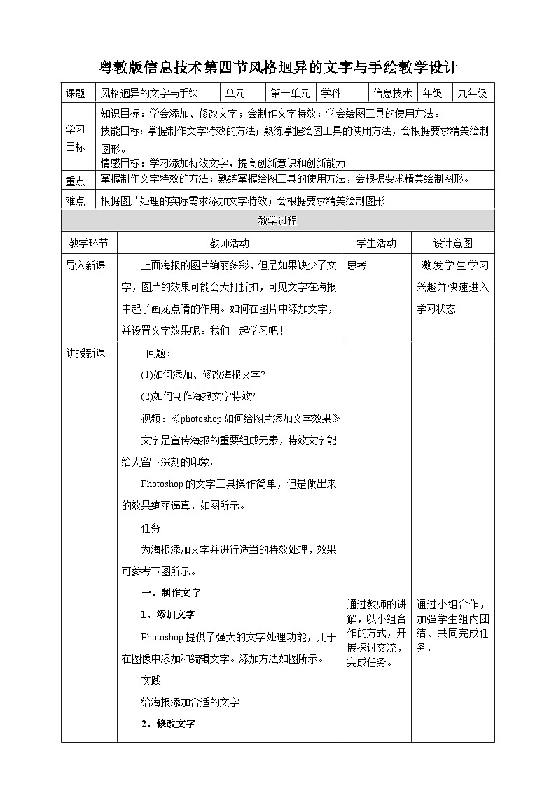 【粤高教A版】八上信息技术 1.4 风格迥异的文字与手绘 课件+教案+视频01