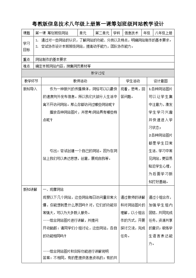第一课筹划班级网站 教学设计第1页