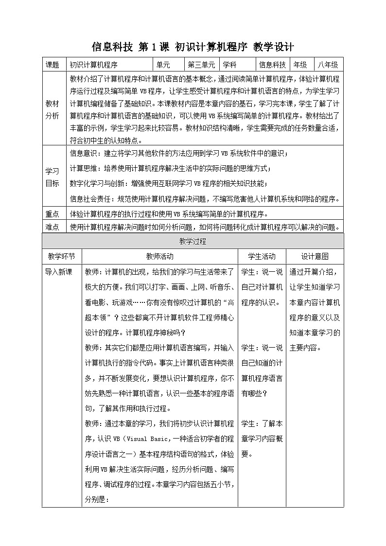【核心素养目标】粤高教A版信息技术八年级下册 第三章 第一节 初识计算机程序 教学设计第1页