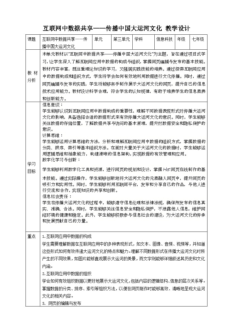 第三单元互联网中数据共享——传播中国大运河文化 教案2 七上信息科技苏科版2023第1页