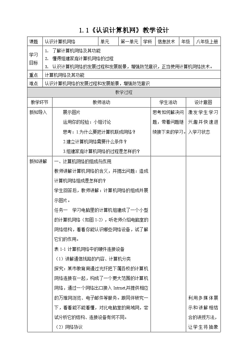 粤高教A版信息技术八下 1.1《认识计算机网》教案第1页