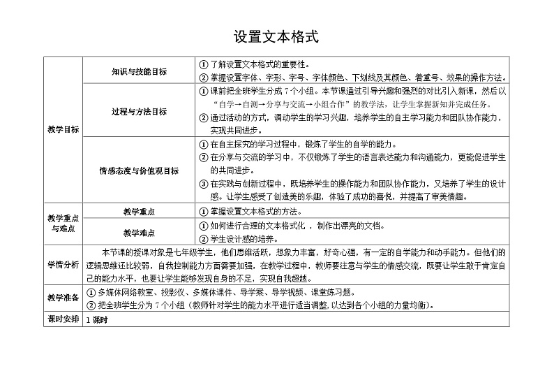 沪科版信息技术七年级下册 2.2《设置文本格式》 教案 (2)第1页