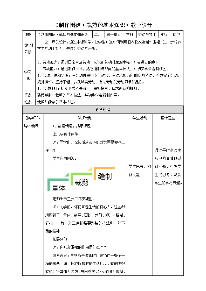 粵教版初中第一單元第2課《制作圍裙·裁剪的基本知識》教案第1頁