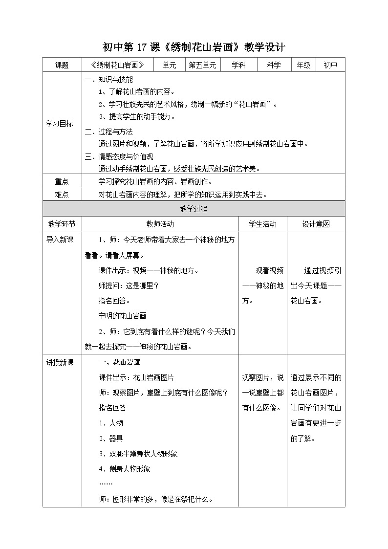 湘教版初中劳技全册教案第十七课《绣制花山岩画》教案01