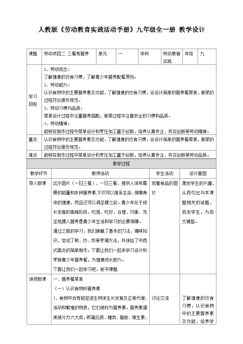 【核心素养目标】人教版劳动教育九年级全册 劳动项目二《三餐有营养》课件＋教案+素材01