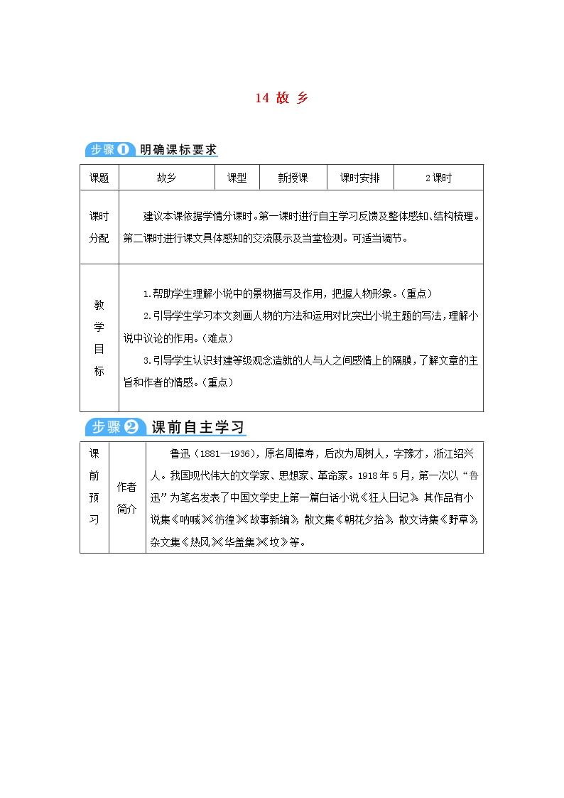 初中语文人教部编版九年级上册第四单元14 故乡教学设计及反思