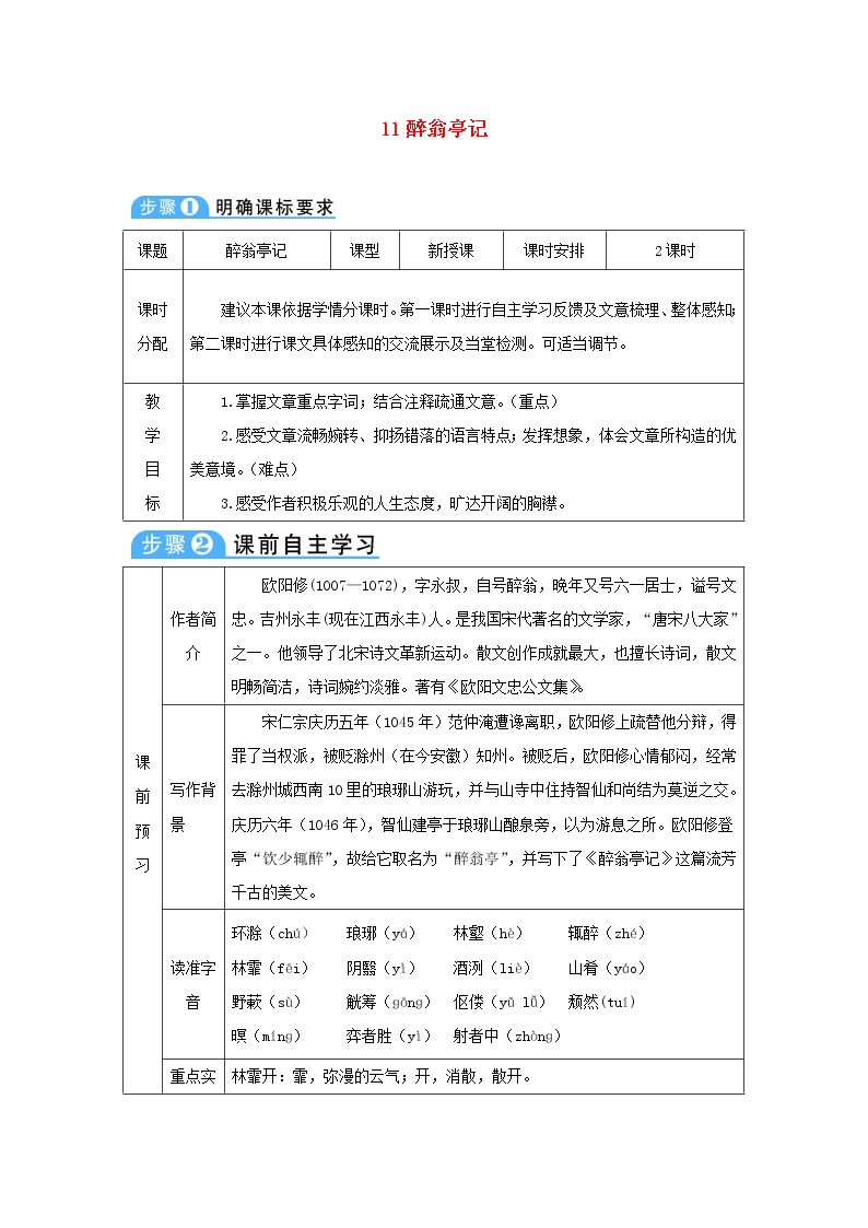 初中语文人教部编版九年级上册11 醉翁亭记教案