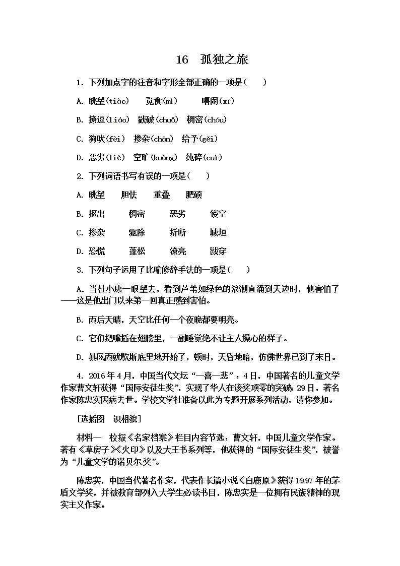 九年级上册第四单元校本作业:16.《孤独之旅》学案第1页