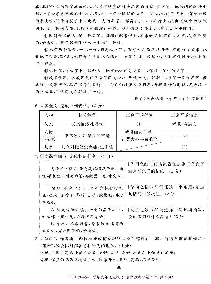 浙江省湖州市长兴县2021届九年级上学期返校考试语文试题(PDF可编辑版)第3页
