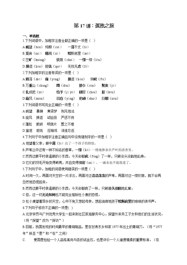 初中语文人教部编版九年级上册17* 孤独之旅课堂检测