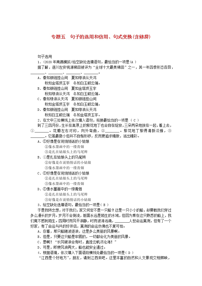 江西专版2021中考语文第一部分语文知识及其运用专题五句子的选用和仿用句式变换含修辞