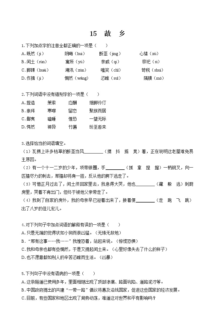 15　故乡   同步习题 初中语文人教版九年级上册（2021年）01