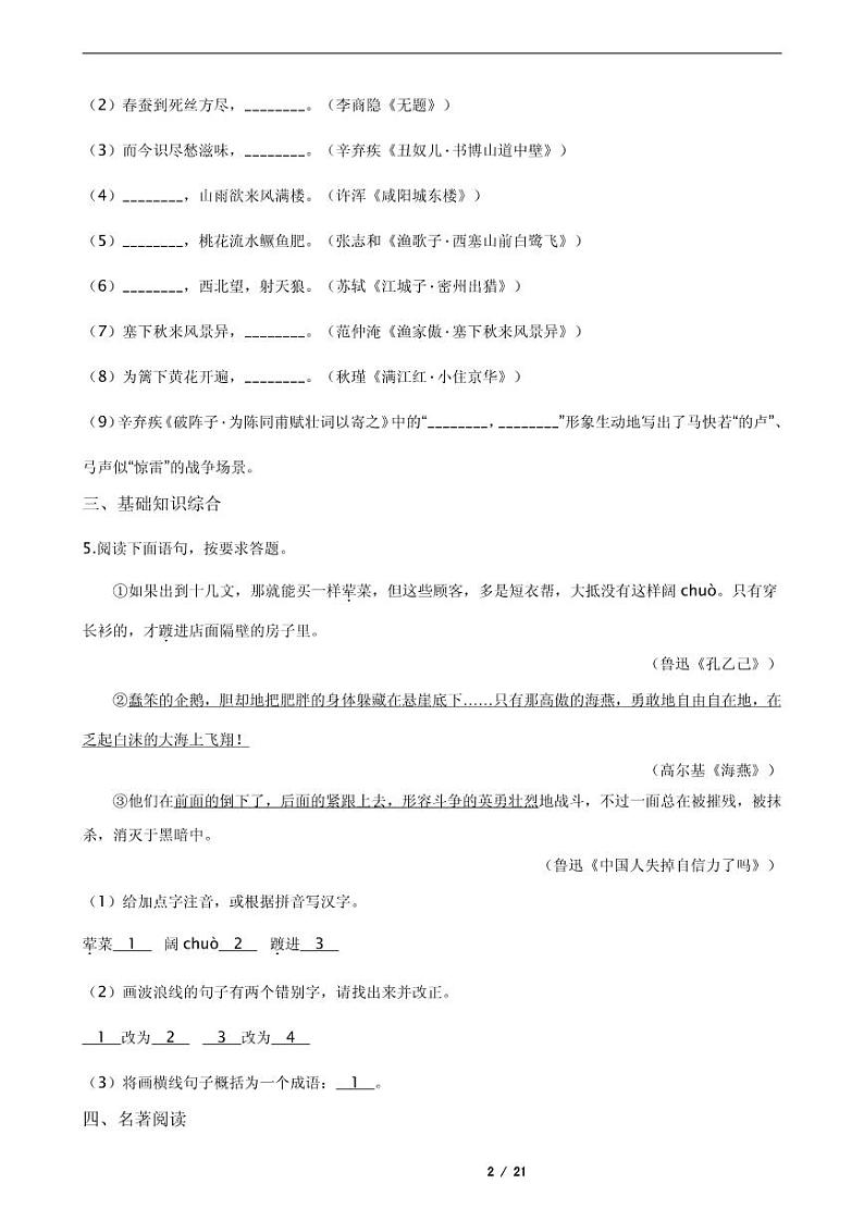 2021年江苏省盐城市建湖县九年级上学期语文期末试卷02