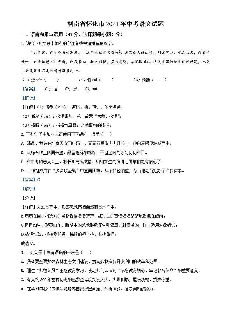 2021年湖南省怀化市中考语文试题(原卷+解析)01