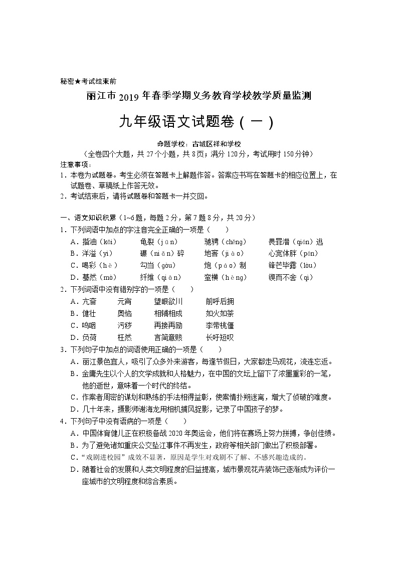 云南省丽江市2019年九年级下学期第一次教学质量检测语文试题