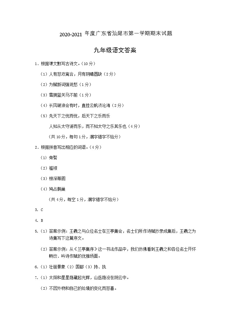 九年级语文答案第1页