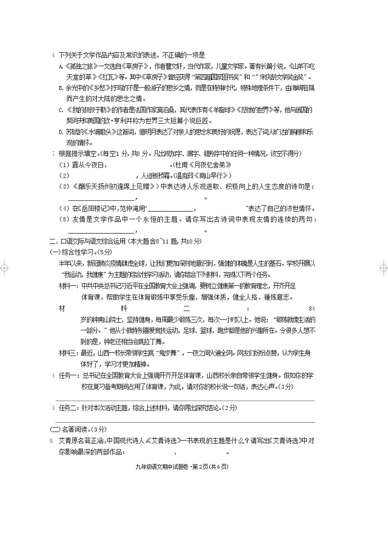 云南省昭通市永善县2020-2021学年九年级上学期期中阶段性评价监测语文试题第2页