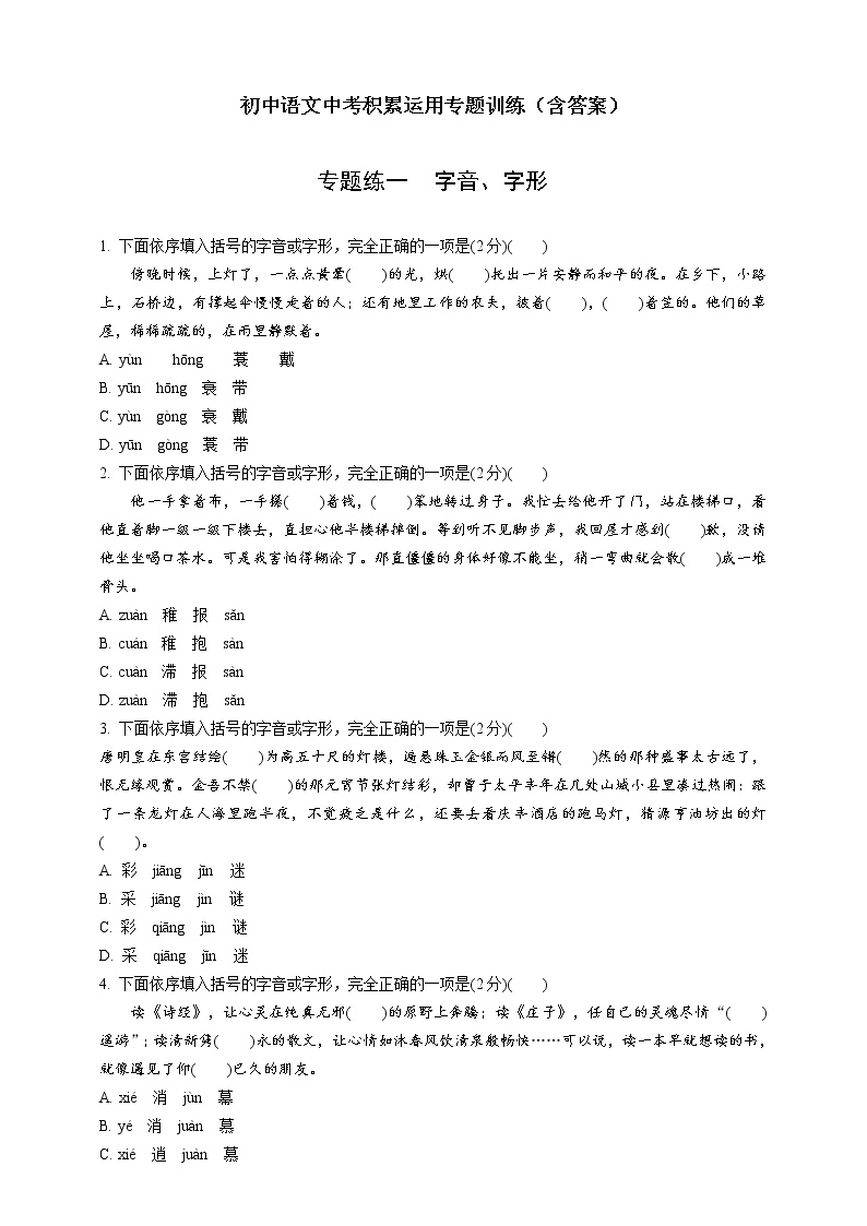 初中语文中考积累运用专题训练（含答案）