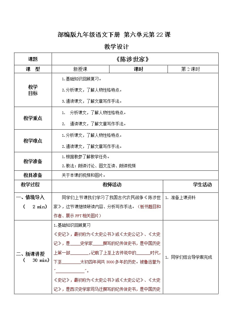 部编版初中语文九下《陈涉世家》第二课时课件+教案+习题01