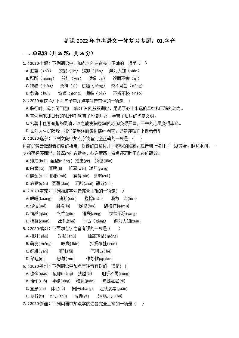 2022年中考语文一轮复习专项训练01:字音第1页
