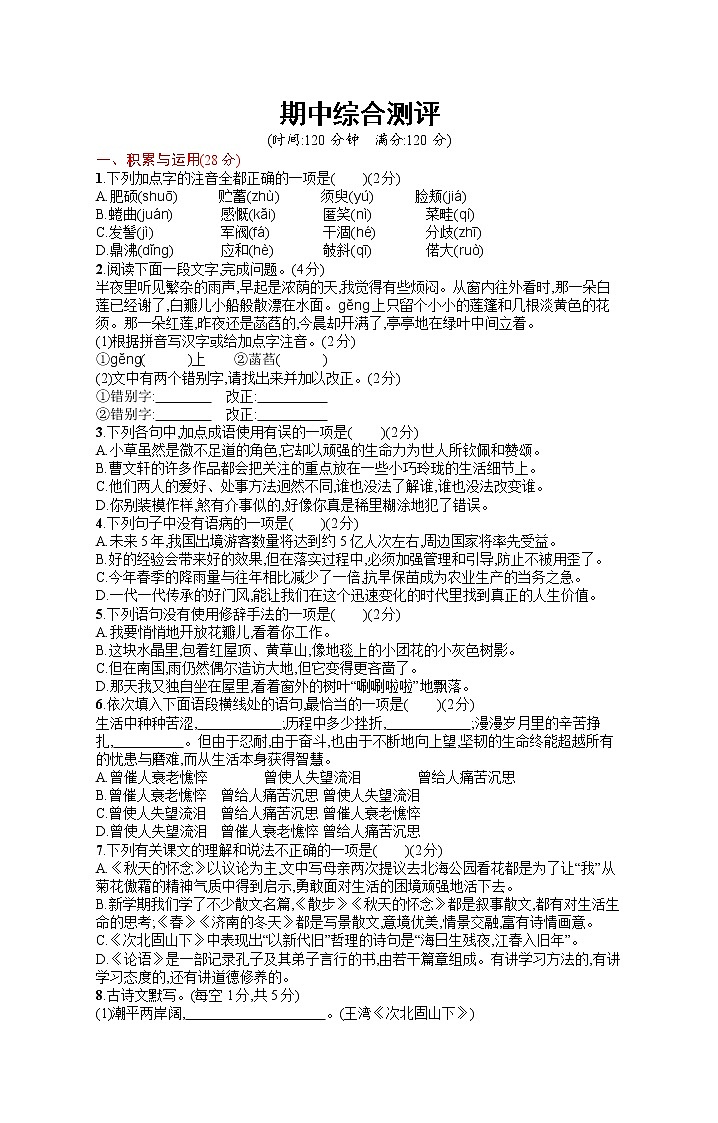 七上期中综合测评第1页