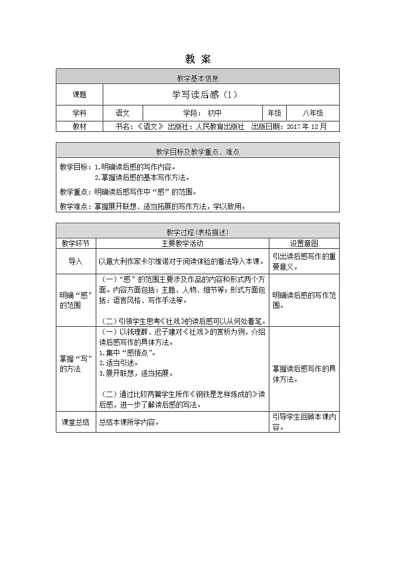 初二語文(統(tǒng)編版)-學(xué)寫讀后感(1)-1教案第1頁