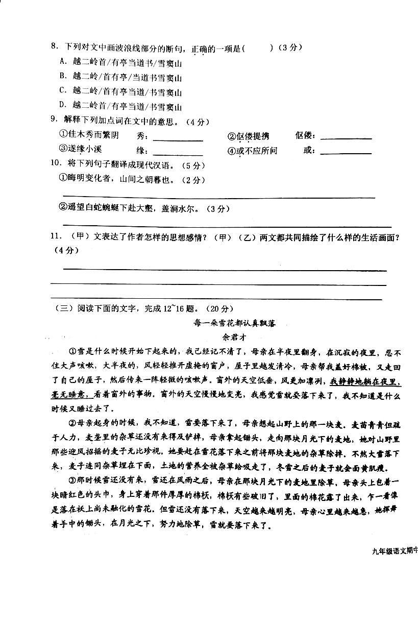福建省龙岩第二中学2020-2021学年九年级上学期期中质量监测语文科试题(图片版无答案)第3页