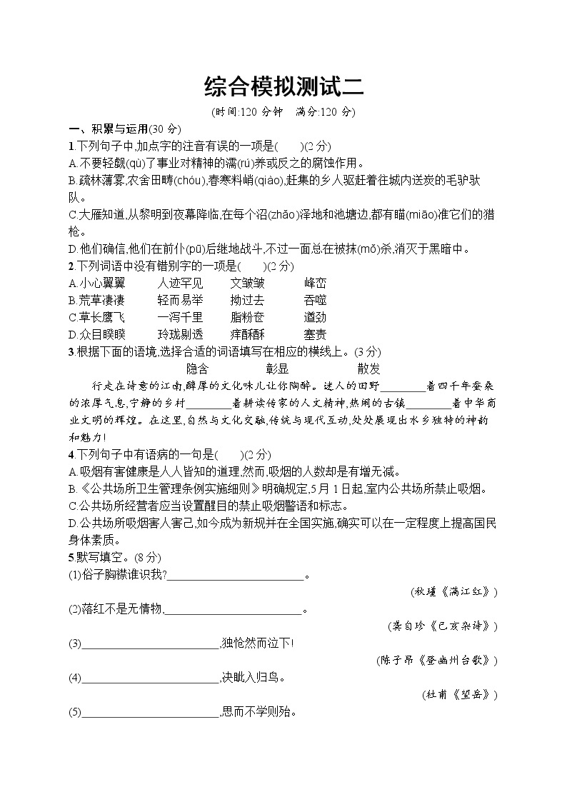 初中语文中考复习--综合模拟测试二01