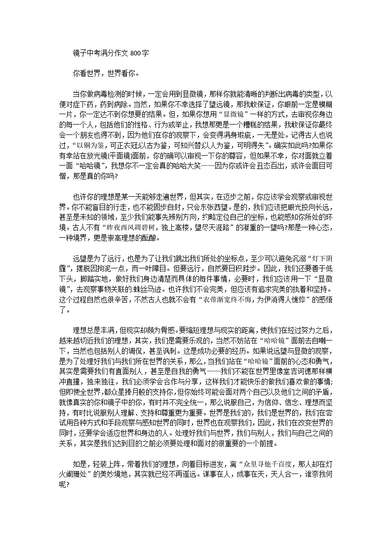 镜子中考满分作文800字第1页