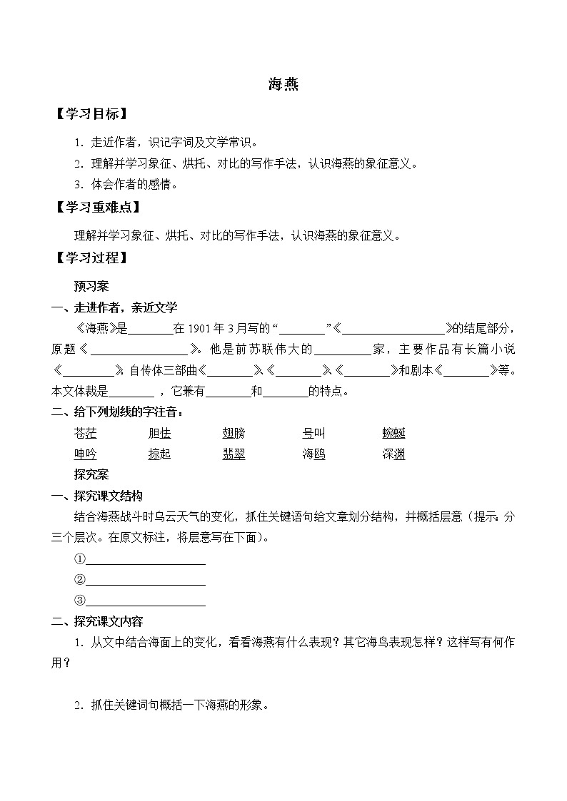 人教版(部编版)初中语文九年级下册 4.海燕 学案01