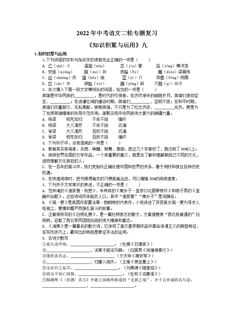 2022年中考语文二轮专题复习《基础知识积累与运用》九(含答案)第1页