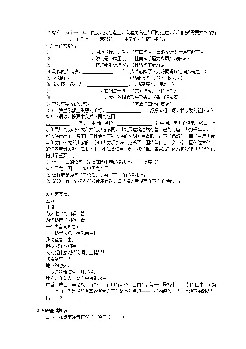 2022年中考语文二轮专题复习《基础知识积累与运用》七(含答案)第3页