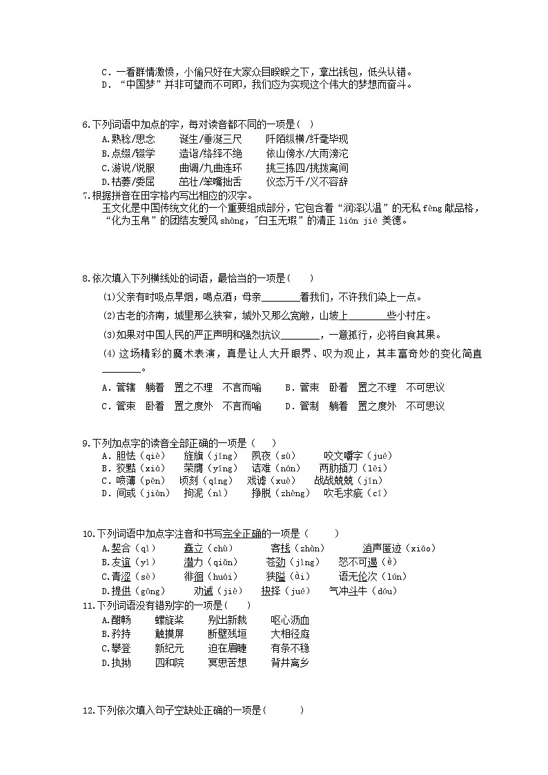 2022年中考语文二轮专题复习《字音字形与词语》一(含答案)第2页