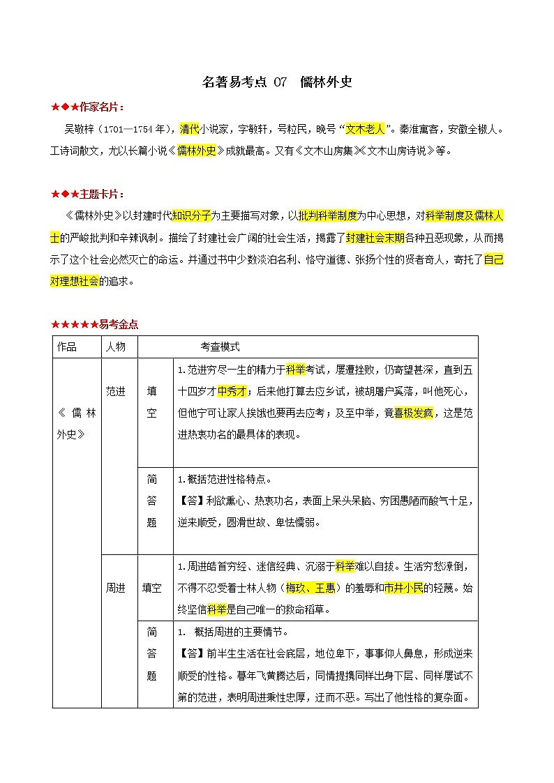 儒林外史(解析版)-2022年中考语文名著阅读易考点第1页