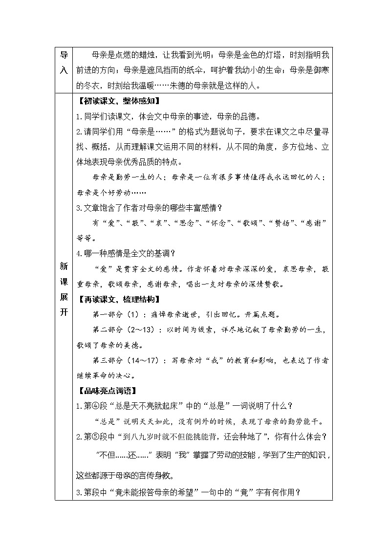 人教部編版 (五四制)語(yǔ)文八年級(jí)上冊(cè) 第二單元  7 回憶我的母親【教案】第3頁(yè)