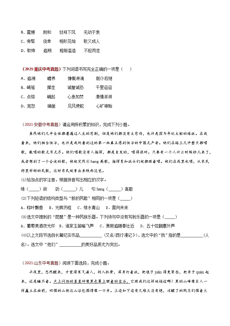 专题01 字音字形-三年(2019-2021)中考真题语文分项汇编(全国通用)(原卷版)第2页