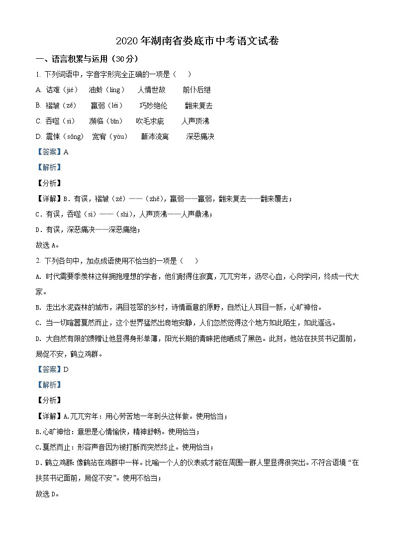 湖南省娄底市2020年中考语文试题(解析版)01