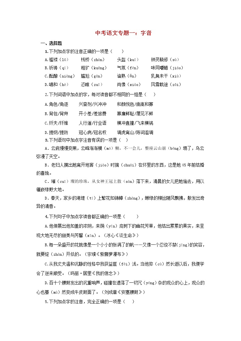 (通用版)中考语文专题复习专题01《字音》练习题（含答案）01